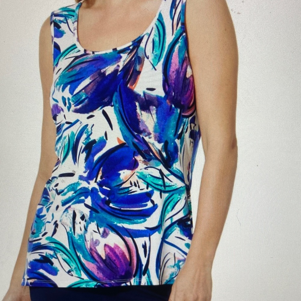 Nina Leonard Reversible Neckline Printed Tank Top Cobalt Multi M New
